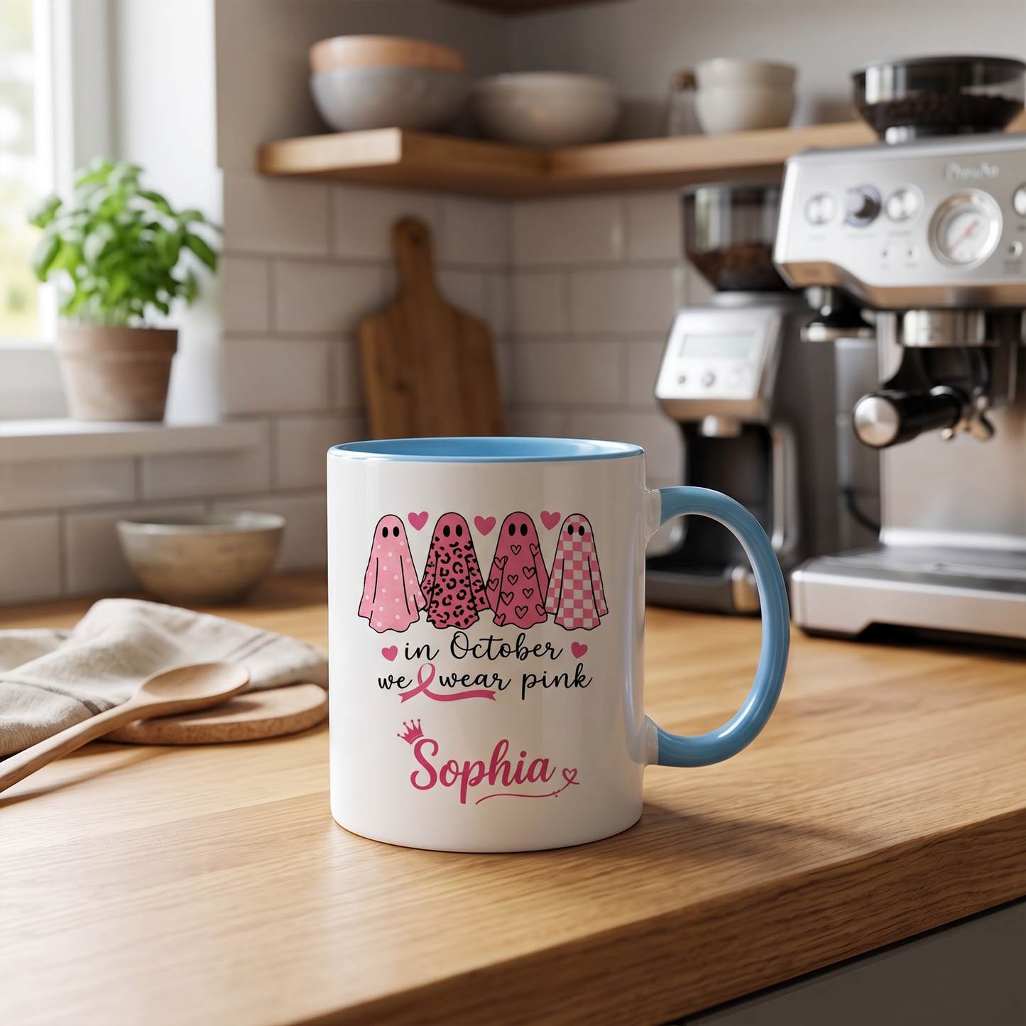 Personalized In October We Wear Pink Ghost Mug, Custom Breast Cancer Awareness Coffee Mug, Halloween Gift for Women