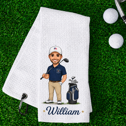 Personalised Cartoon Character Absorbent Waffle Golf Towel with Name and Initial Hanging Clip Sports Accessories Birthday Gift for Golf Player