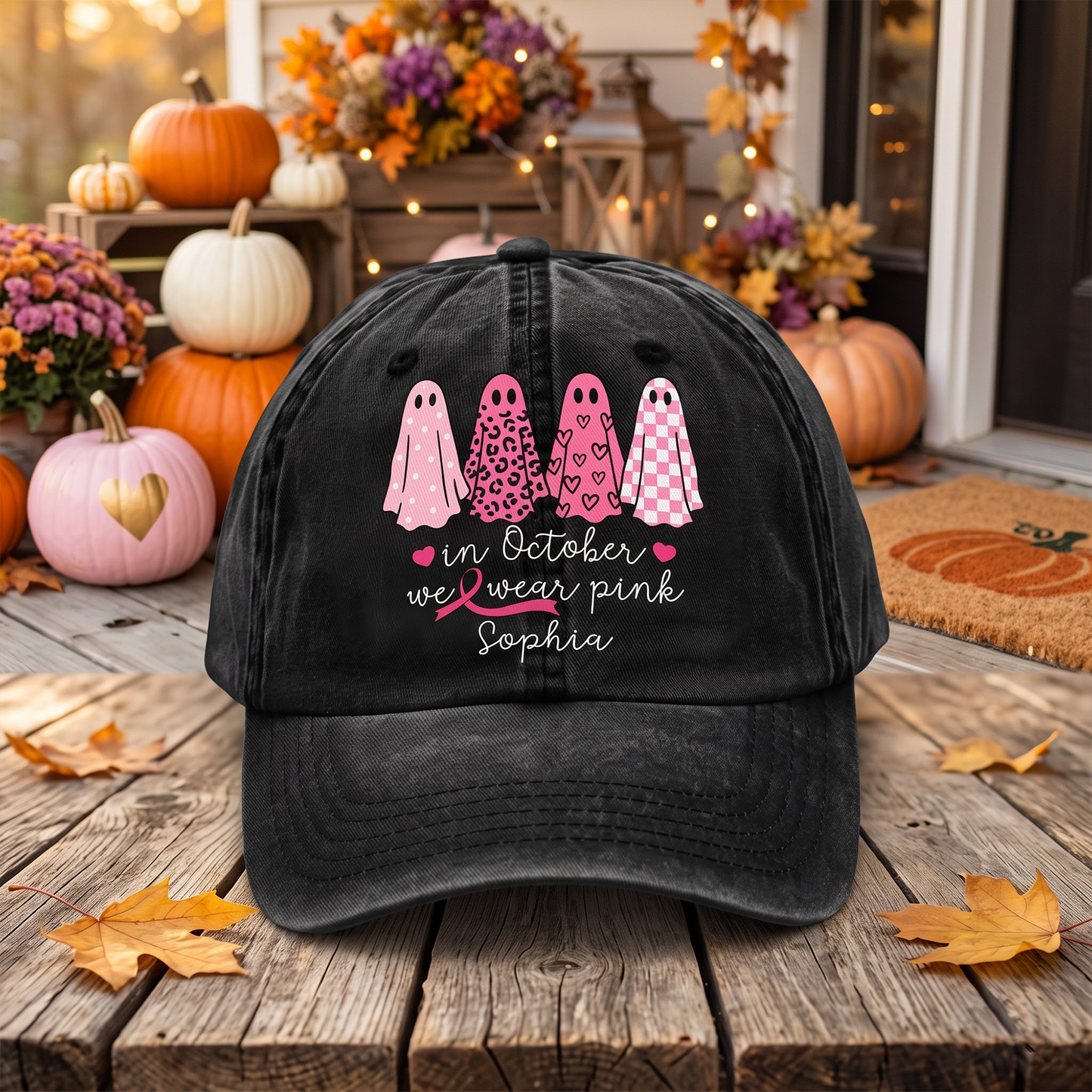 Custom Breast Cancer Distressed Washed Cotton Printed Hat , In October We Wear Pink Ghost Hat, Cancer Support Hat, Cancer Awareness Shirt, Cancer Fighter Gifts