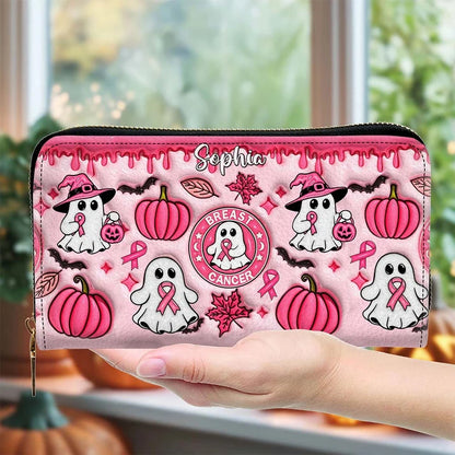 Custom Name Spooky Breast Cancer Awareness Ghost - Personalized 3D Inflated Leather PU Handbag