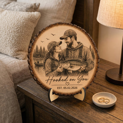 Hooked On You Fishing Couple Custom Photo - Personalized 2-Layered Wooden Plaque - Anniversary Gift, Wedding Gift For Couple