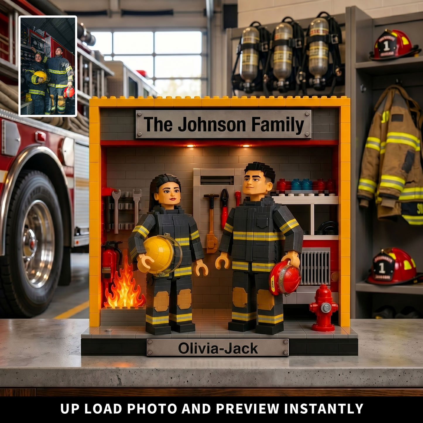 Personalized Firefighter Brick Blocks Display, Custom Firefighter Family Name Brick Figure, One-Sided Block Print Gift For Firefighter Dad, Mom, Family