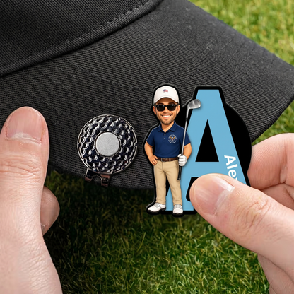 Personalised Cartoon Golf Character Golf Ball Marker with Magnetic Hat Clip and Name Birthday Game Day Gift for Golf Players Lovers