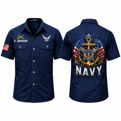 Custom US Military Branch & Unit Cotton Cargo Shirt – Personalized Veteran Name