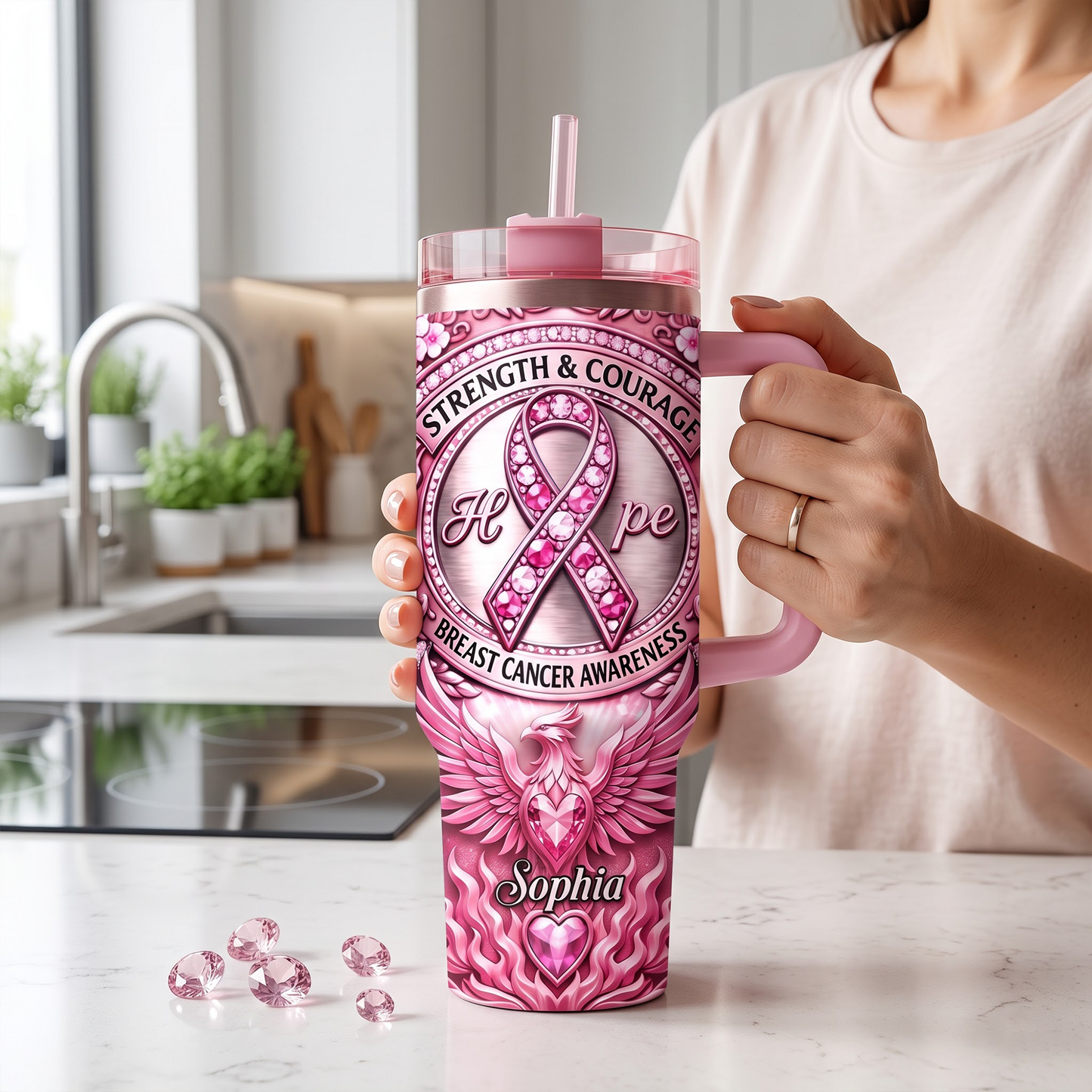 Personalized Breast Cancer Awareness 40oz Tumbler With Handle – Custom Name Pink Ribbon Hope Strength & Courage Insulated Travel Mug