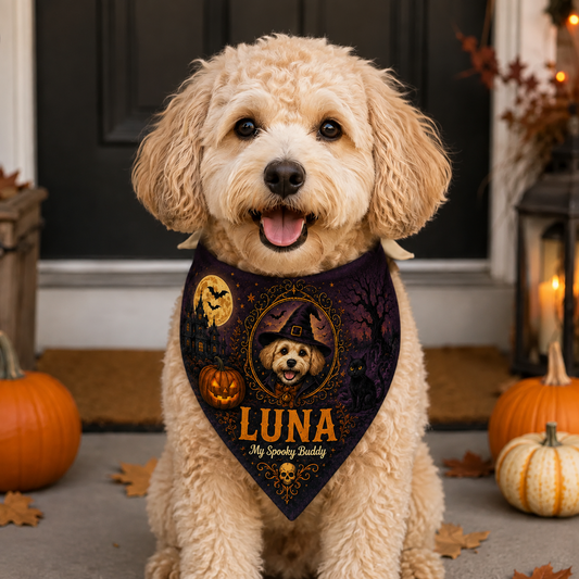 Personalized Halloween Pet Photo Bandana, Custom Dog Face & Name Bandana, Spooky Witch Pet Scarf, Halloween Gift for Dogs