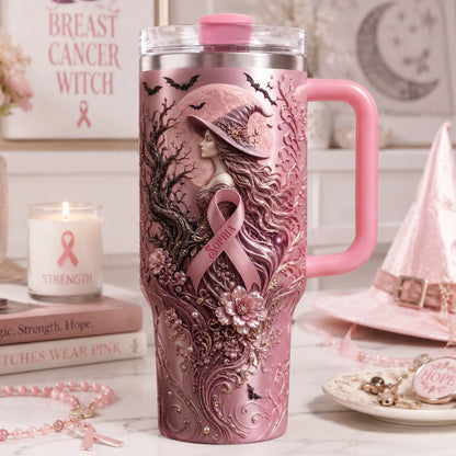 Pink Witches Ribbon Breast Cancer Awareness 40oz Tumbler With Handle - Personalized Gifts For Cancer Awareness