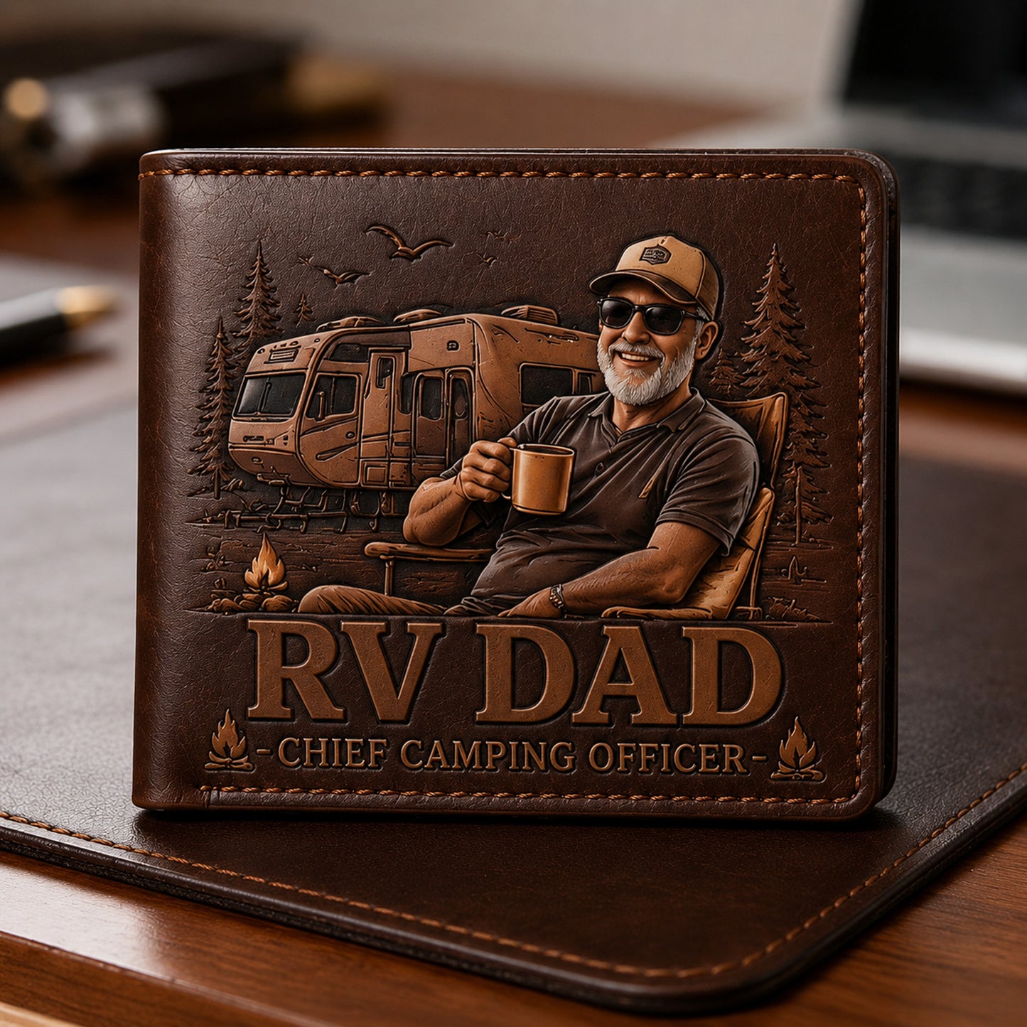 Personalized RV Dad Leather Wallet – Custom Camping Gift for Father, Adventure Lover & Road Trip Dad
