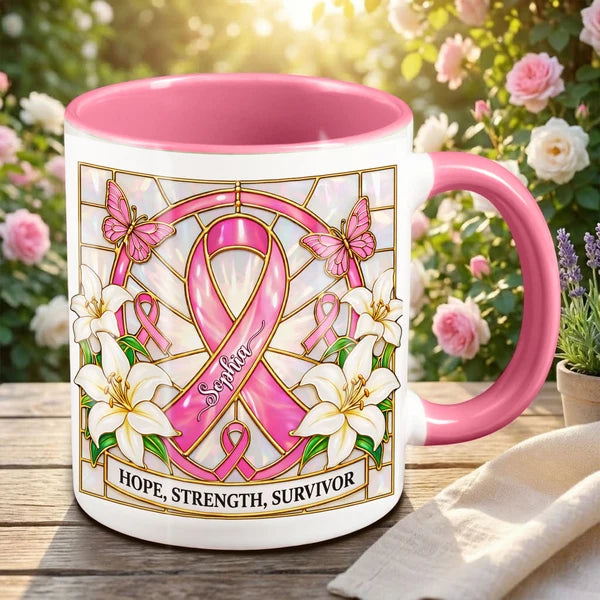 Hope Strength Survivor - Personalized Breast Cancer Awareness Accent Mug