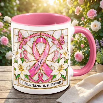 Hope Strength Survivor - Personalized Breast Cancer Awareness Accent Mug