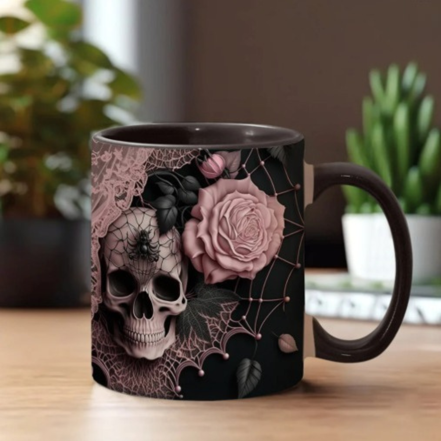 Personalized Gothic Skull Mug with Custom Name, Dark Aesthetic Pink Rose Coffee Cup, Spooky Goth Gift for Her, 11oz 15oz Accent Mug