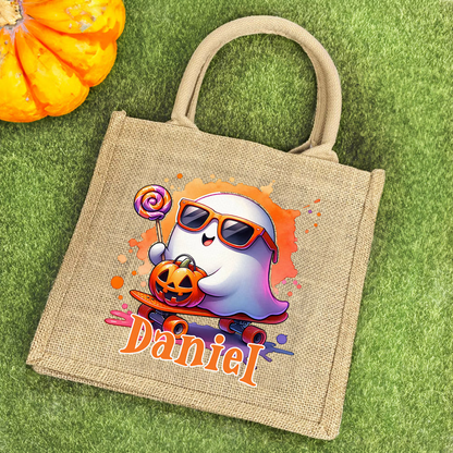Personalized Cute Ghost and Pumpkin Large Capacity Tote Bag with Name Halloween Party Gift for Boys Girls