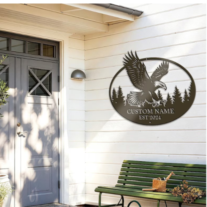 Personalized Eagle Metal Wall Decor, Eagle US Flag Sign, Custom Last Name Bald Eagle Wall Art