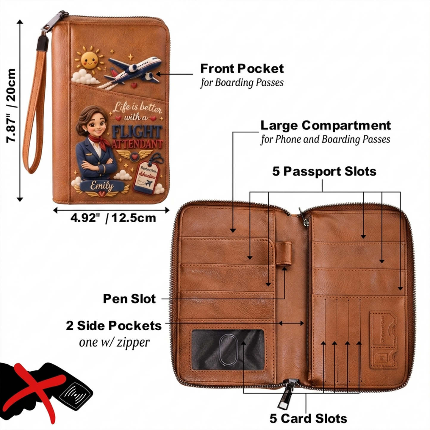 Personalized Flight Attendant Travel Wallet – Custom Name Passport & Document Organizer, Aviation-Themed Gift for Cabin Crew