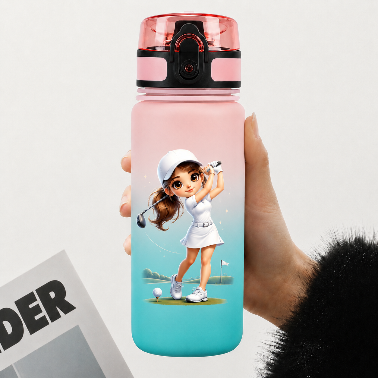 Personalized Cartoon Golf Character Name Gradient Sports Water Bottle with Flip Top Lid and Strap Birthday Gift for Golf Lovers