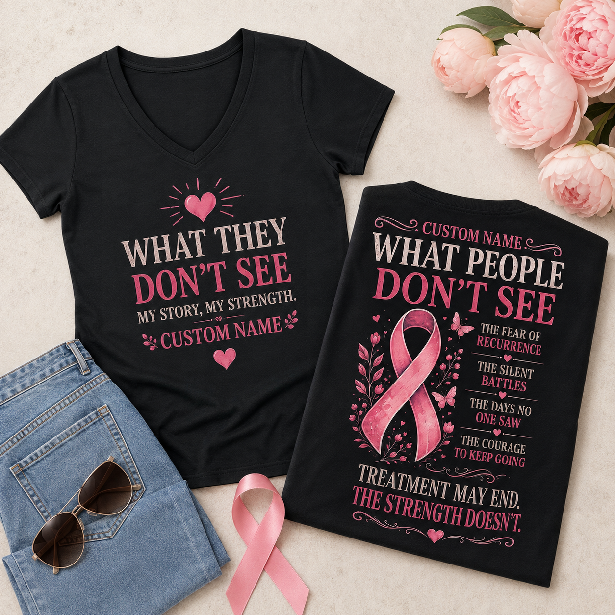 Personalized Breast Cancer Survivor Strength Black T-Shirt
