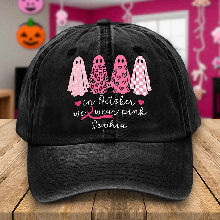 Custom Name In October We Wear Pink Ghosts - Personalized Breast Cancer Awareness Baseball Cap
