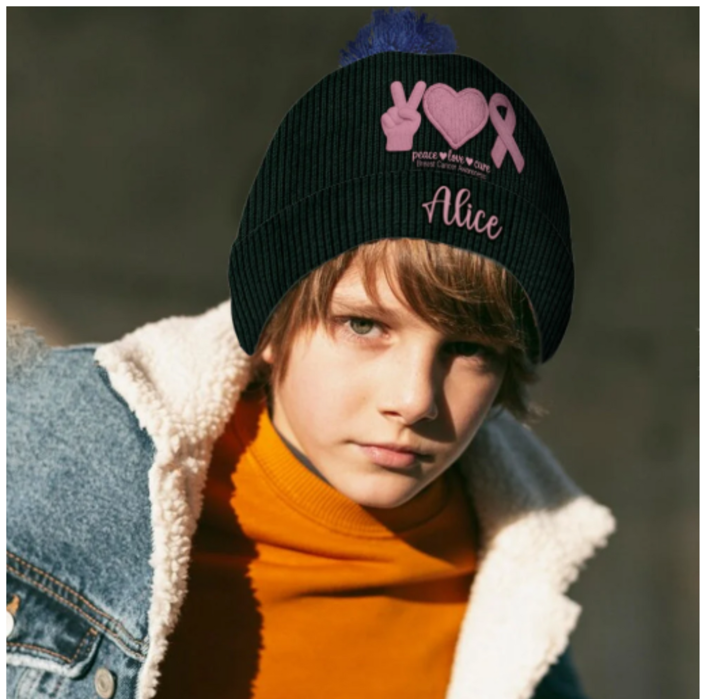 Peace Love Cure Pink Ribbon - Personalized Breast Cancer Awareness Beanie Hat