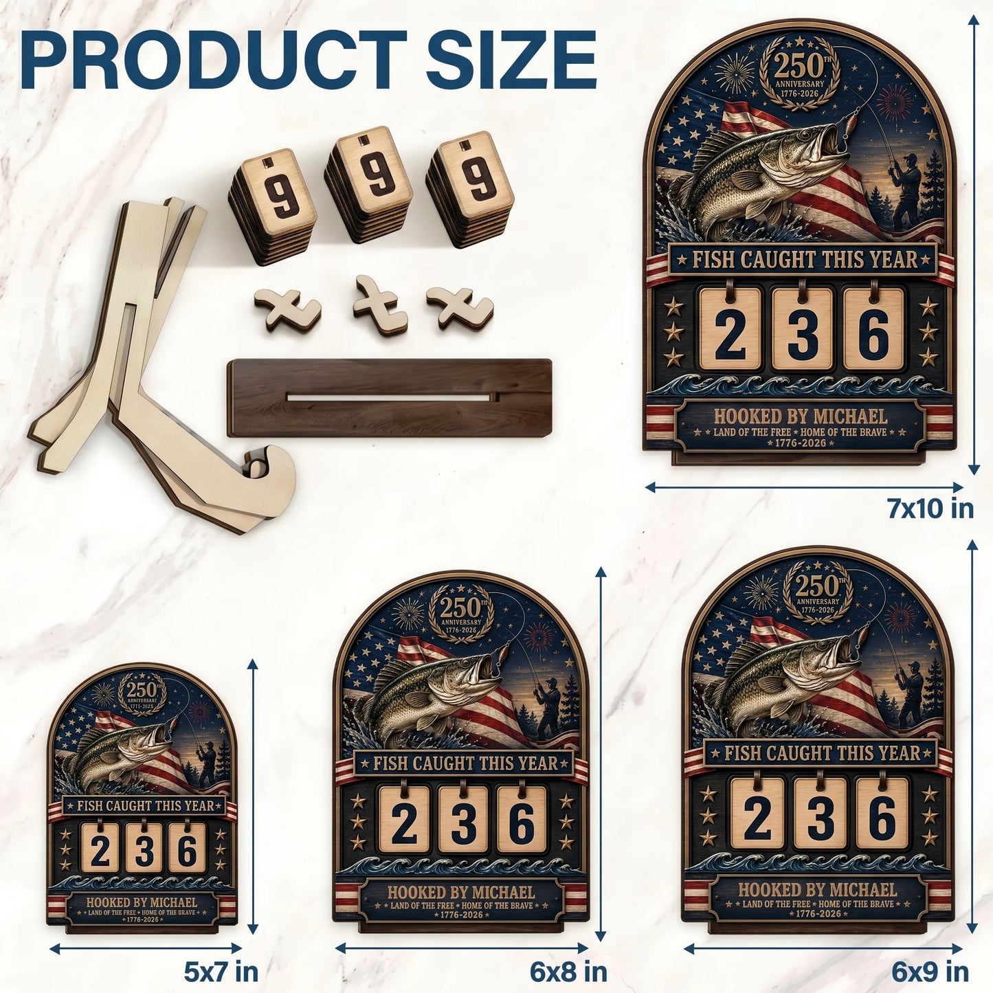 Personalized America 250th Anniversary Fishing Tracker Sign – Fish Caught This Year – Custom 2-Layered Wooden Plaque