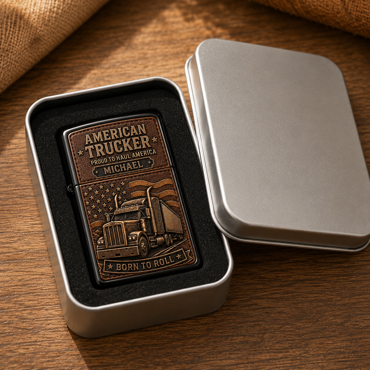 Personalized American Trucker Leather-Style Flip-Top Lighter – Custom Name Born to Roll Truck Driver Gift