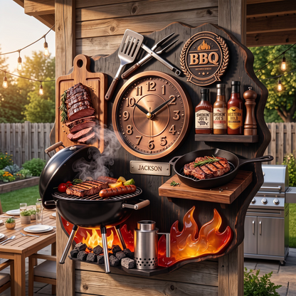 Personalized BBQ Master Combination Wall Clock – Custom Name Kitchen & Grill Decor Gift