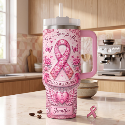 Personalized Breast Cancer Awareness 40oz Tumbler With Handle – Custom Name Pink Ribbon Faith Strength Hope Insulated Travel Mug