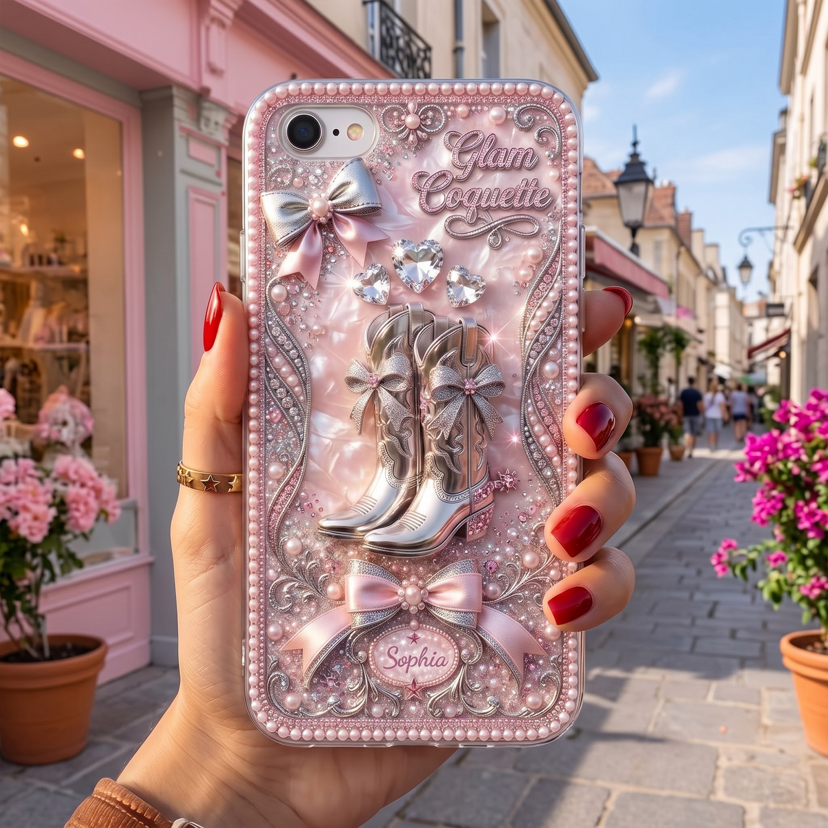 Personalized Pink Coquette Cowgirl Boots Phone Case – Custom Name Pearl Bow Rhinestone Glam Phone Cover