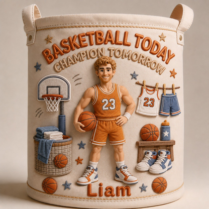 Personalized Basketball Player Storage Basket – Custom Photo, Name & Number Laundry Hamper, Kids Toy Organizer, Basketball Room Decor
