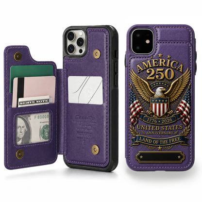 Personalized America 250th Anniversary Eagle Wallet Phone Case – 1776–2026 Patriotic PU Leather Card Holder Cover