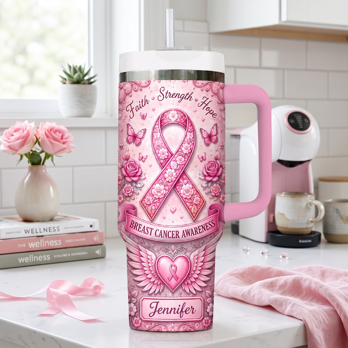 Personalized Breast Cancer Awareness 40oz Tumbler With Handle – Custom Name Pink Ribbon Faith Strength Hope Insulated Travel Mug