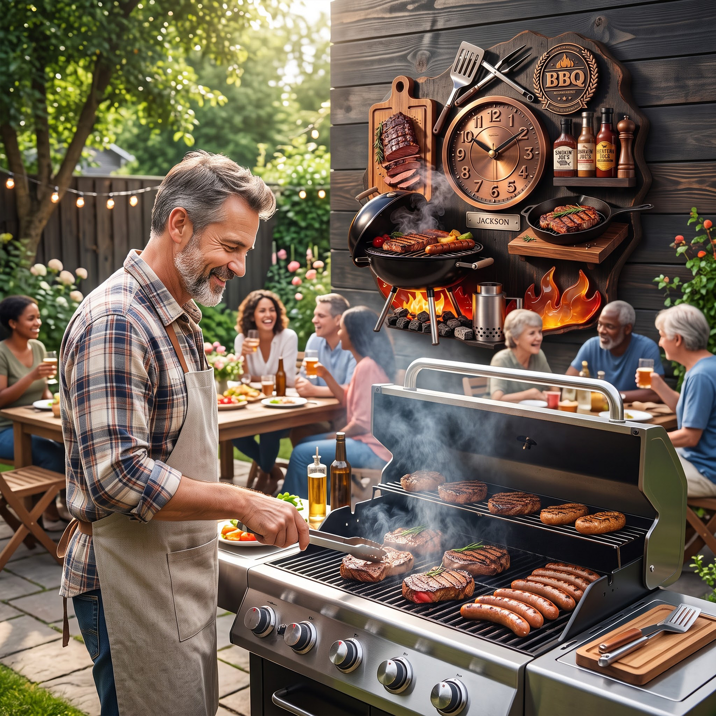 Personalized BBQ Master Combination Wall Clock – Custom Name Kitchen & Grill Decor Gift