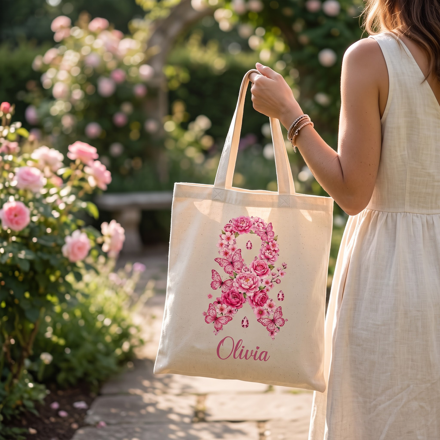 Personalized Breast Cancer Awareness Floral Ribbon Tote Bag, Custom Name Pink Ribbon Canvas Shopping Bag, Breast Cancer Survivor Gift for Women