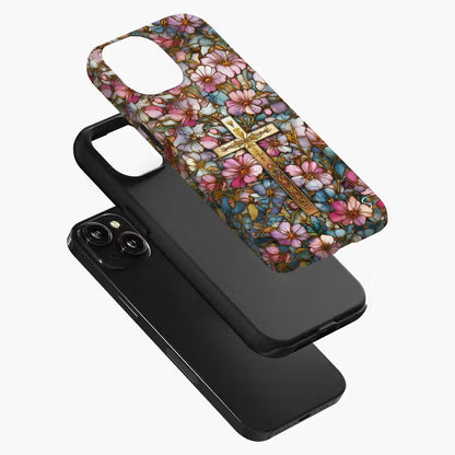 Personalized Cross Floral Stained Glass Phone Case with Letter for iPhone Anniversary Birthday Gift for Friend Family Woman