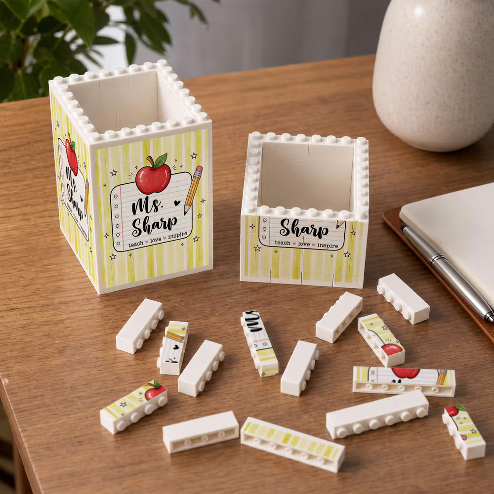 Personalised Teach Love Inspire Large Capacity Building Blocks Brick Pencil Holder with Appellation and Name Teacher’s Day Gift for Teacher