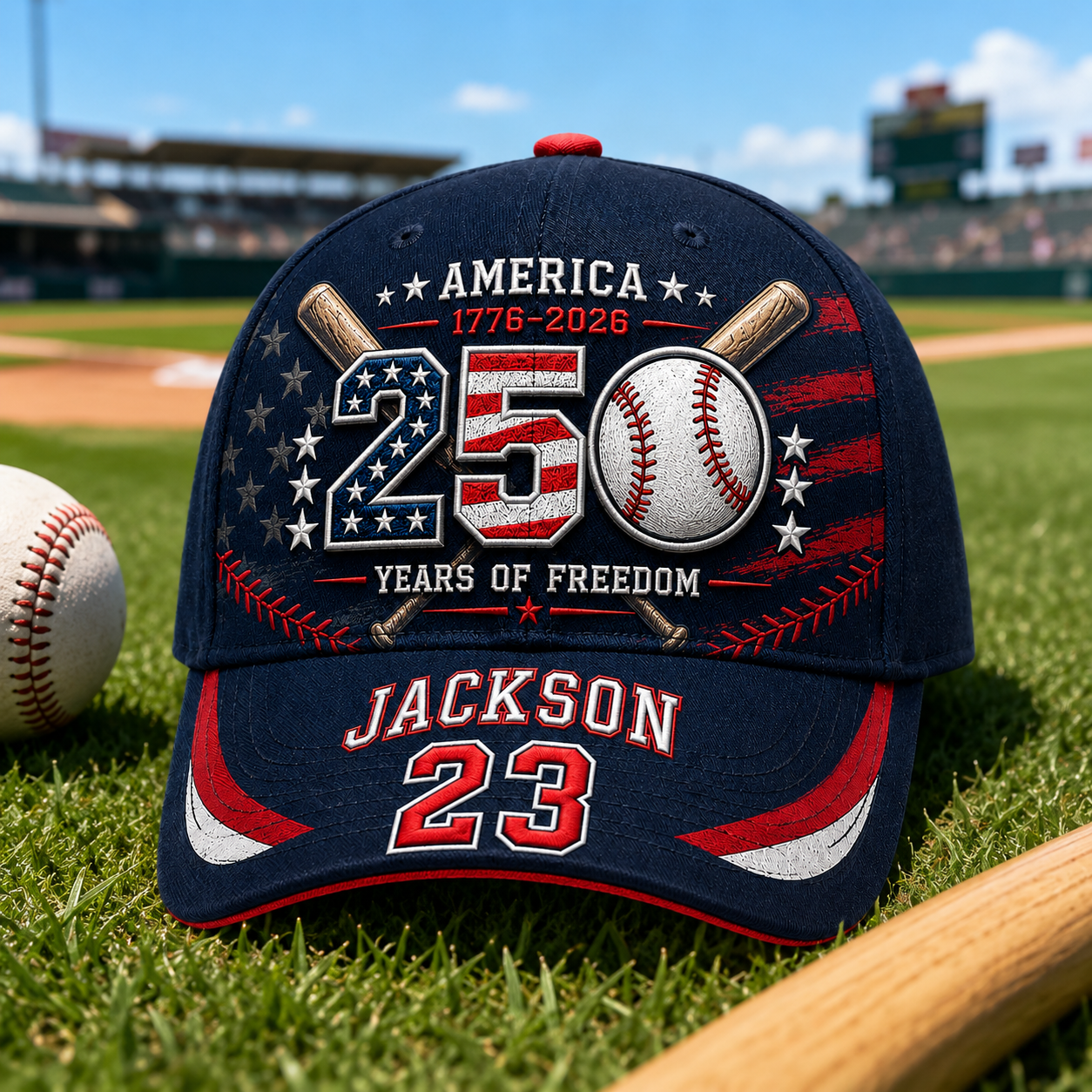 America 250th Anniversary Baseball Personalized Cap – Custom Name & Number 250 Years of Freedom Hat