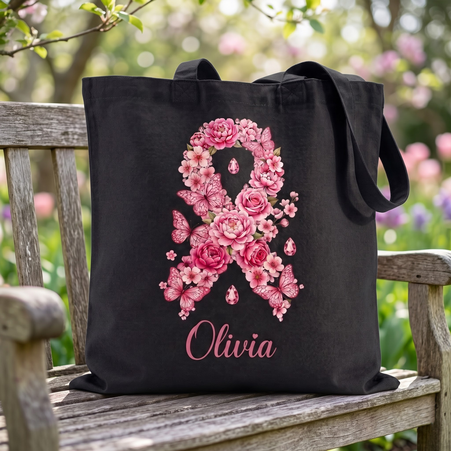 Personalized Breast Cancer Awareness Floral Ribbon Tote Bag, Custom Name Pink Ribbon Canvas Shopping Bag, Breast Cancer Survivor Gift for Women