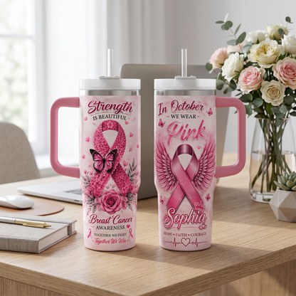 Personalized Breast Cancer Awareness Tumbler with Name – In October We Wear Pink 40oz Insulated Travel Mug Gift for Women