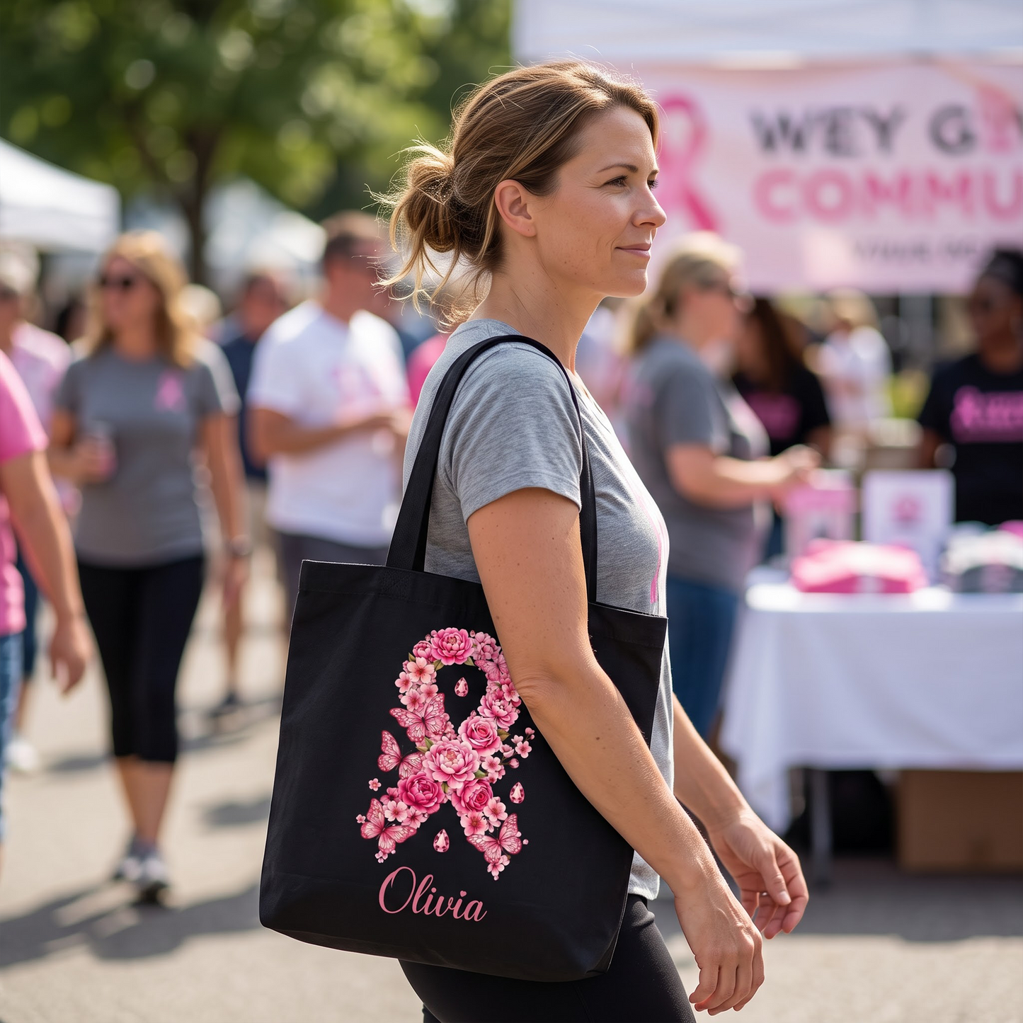 Personalized Breast Cancer Awareness Floral Ribbon Tote Bag, Custom Name Pink Ribbon Canvas Shopping Bag, Breast Cancer Survivor Gift for Women