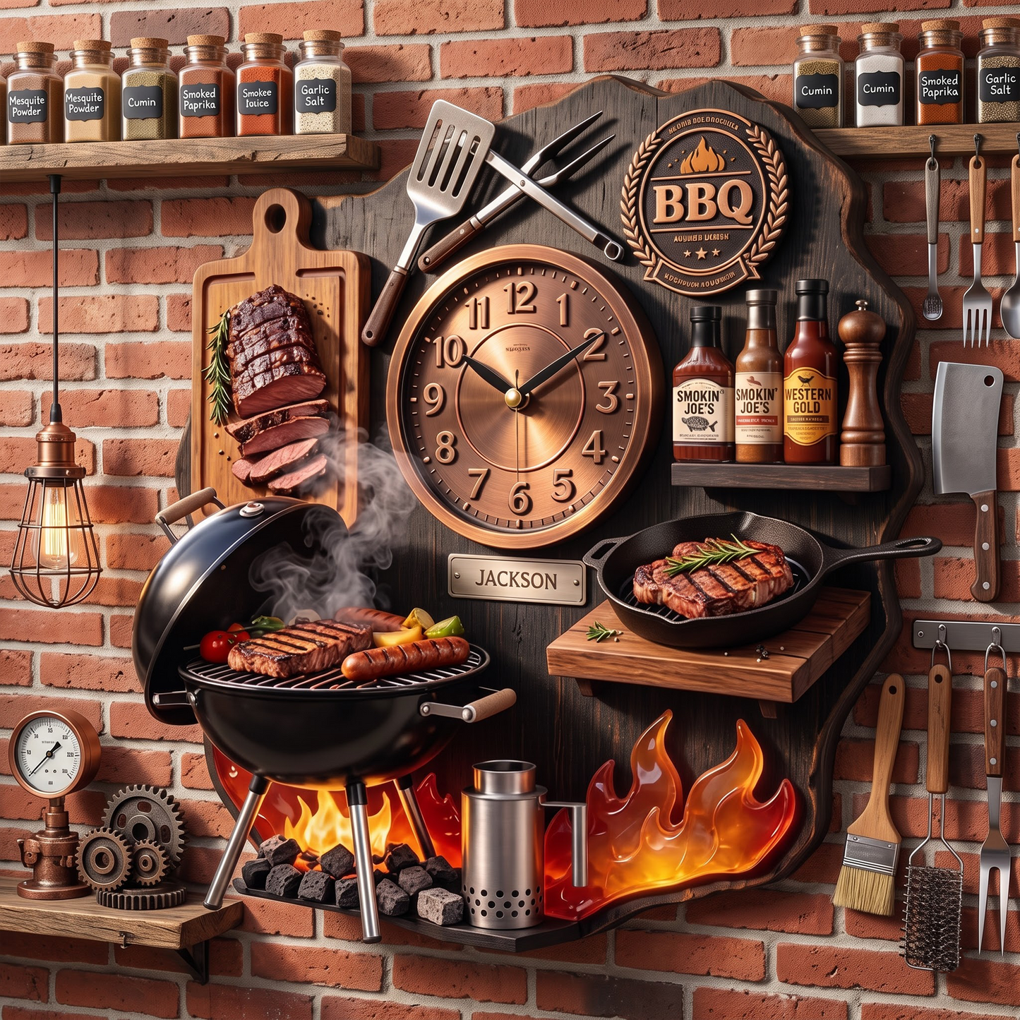Personalized BBQ Master Combination Wall Clock – Custom Name Kitchen & Grill Decor Gift