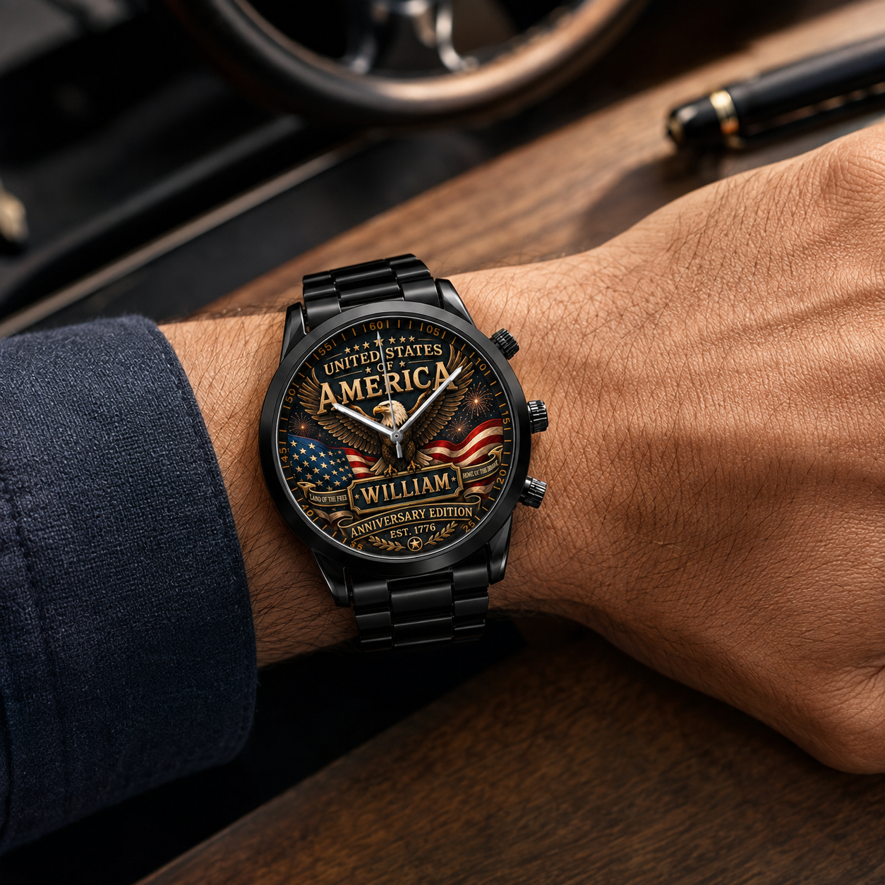 Personalized United States of America Anniversary Men’s Watch – Custom Name Patriotic Eagle Watch, American Pride Gift for Him