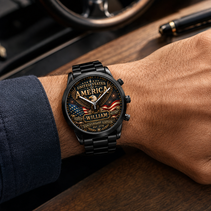 Personalized United States of America Anniversary Men’s Watch – Custom Name Patriotic Eagle Watch, American Pride Gift for Him