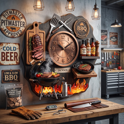 Personalized BBQ Master Combination Wall Clock – Custom Name Kitchen & Grill Decor Gift
