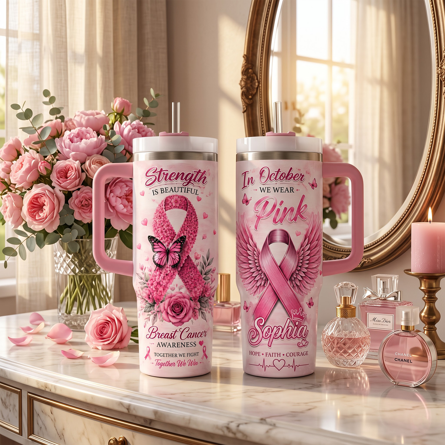 Personalized Breast Cancer Awareness Tumbler with Name – In October We Wear Pink 40oz Insulated Travel Mug Gift for Women