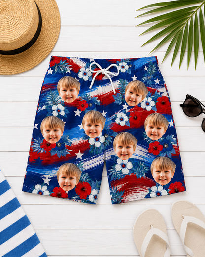 Custom Photo Tropical Hawaiian Aloha Men Beach Shorts - Personalized Summer Vacation And Travel Gifts - Tropical Flowers, Happy Paws