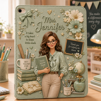 Personalized Teacher iPad Case with Custom Name – Floral Teacher Tablet Cover, Protective PU Leather Stand Case, Teacher Appreciation Gift