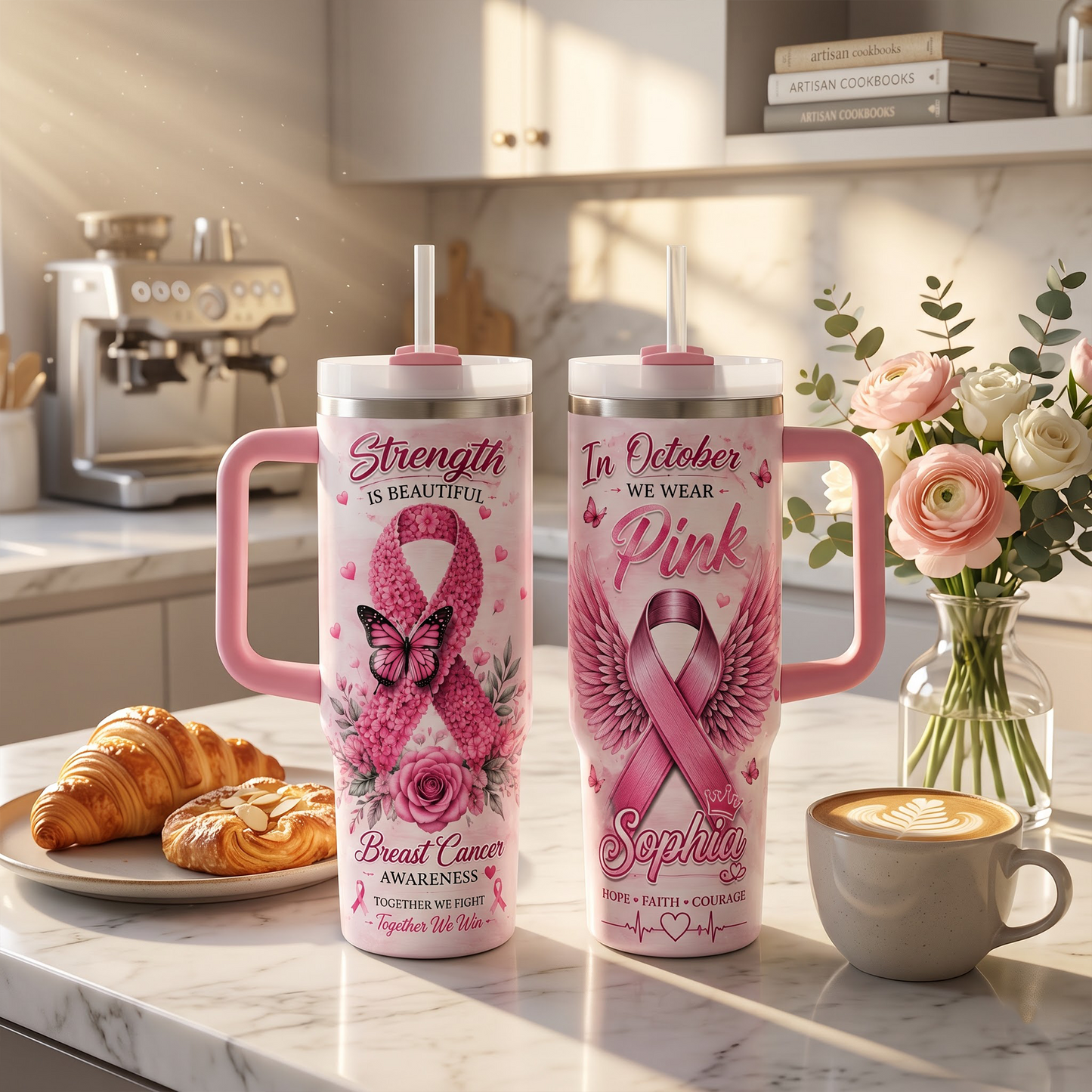 Personalized Breast Cancer Awareness Tumbler with Name – In October We Wear Pink 40oz Insulated Travel Mug Gift for Women