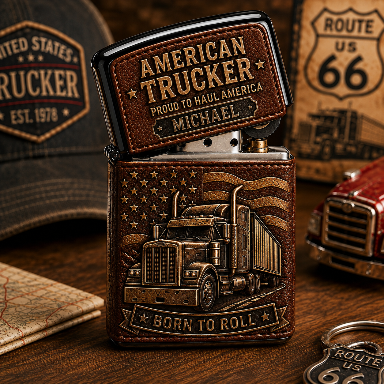 Personalized American Trucker Leather-Style Flip-Top Lighter – Custom Name Born to Roll Truck Driver Gift