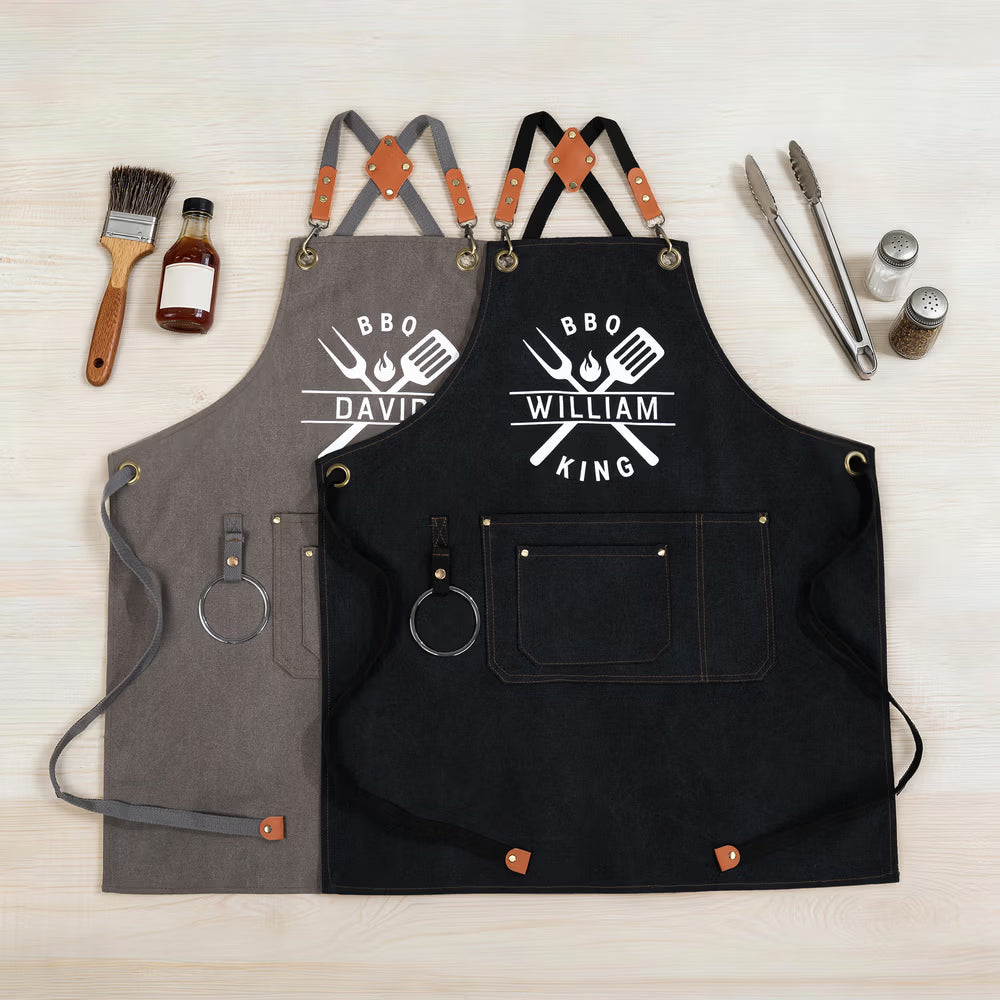 Personalised BBQ King Canvas Apron with Name and Pocket Kitchen Accessory Father's Day Birthday Anniversary Gift for Dad Husband Cooking Lover
