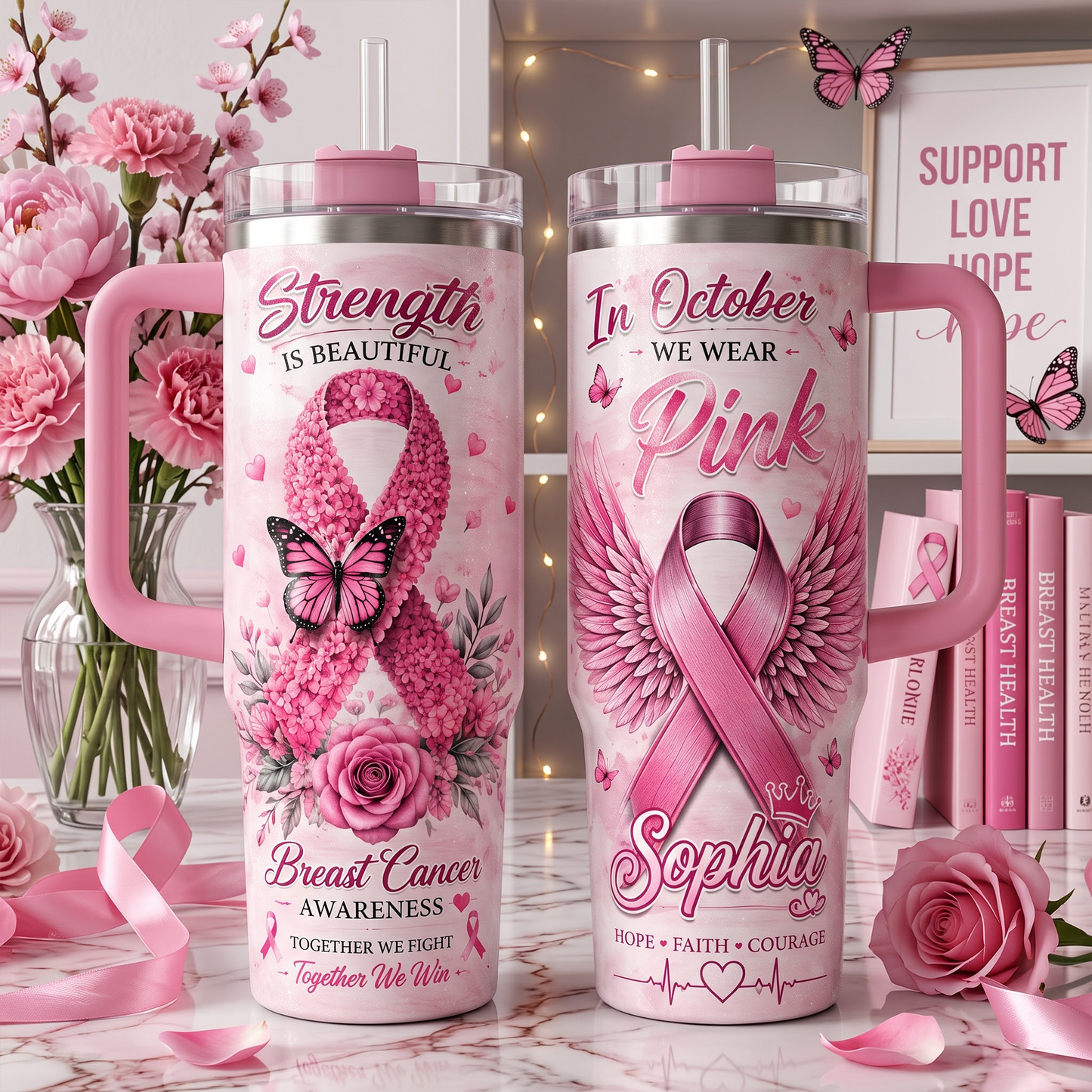 Personalized Breast Cancer Awareness Tumbler with Name – In October We Wear Pink 40oz Insulated Travel Mug Gift for Women