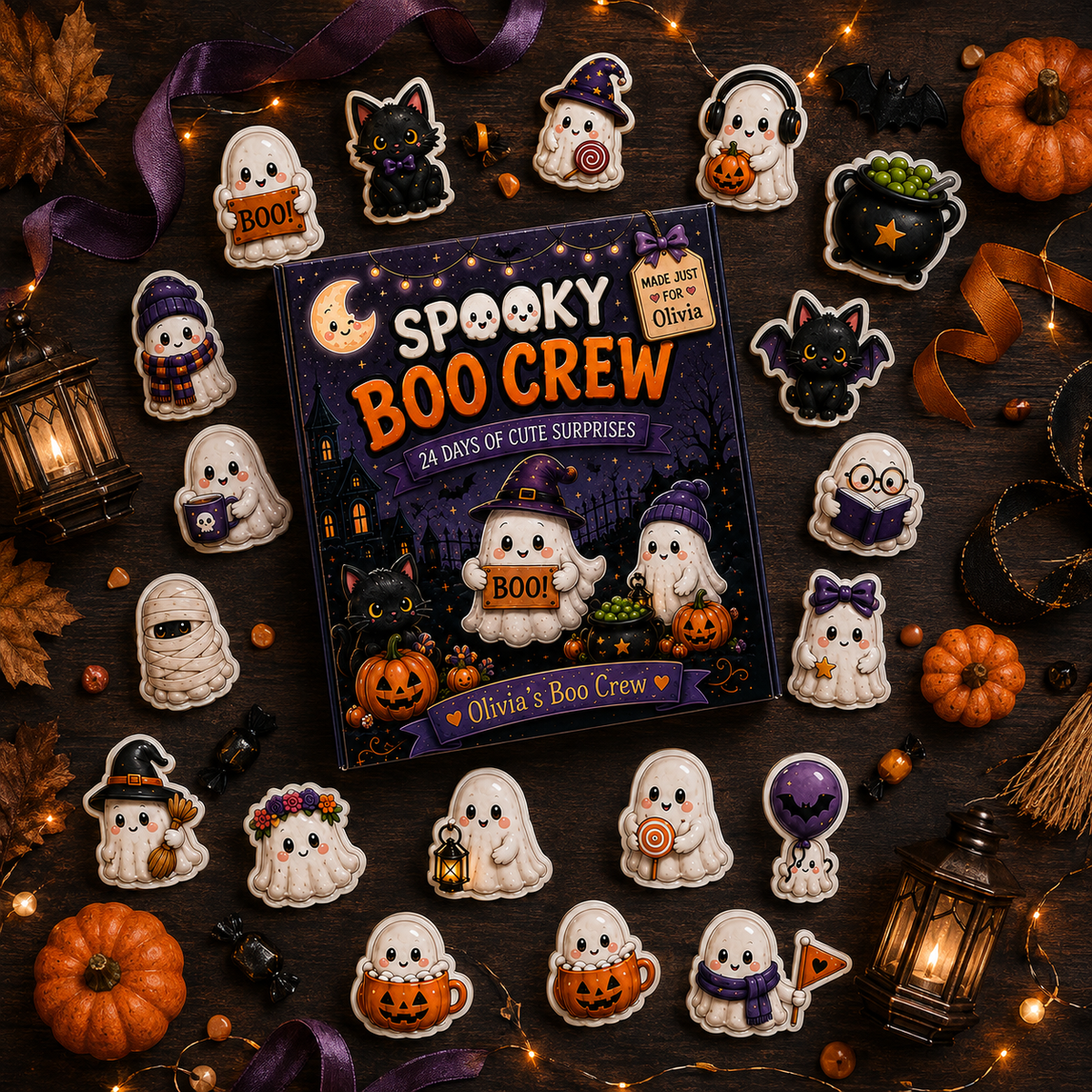 Personalized Spooky Boo Crew Halloween Advent Calendar – 24 Days of Cute Ghost Surprises, Custom Name Halloween Gift, Collectible Halloween Decor for Kids & Family